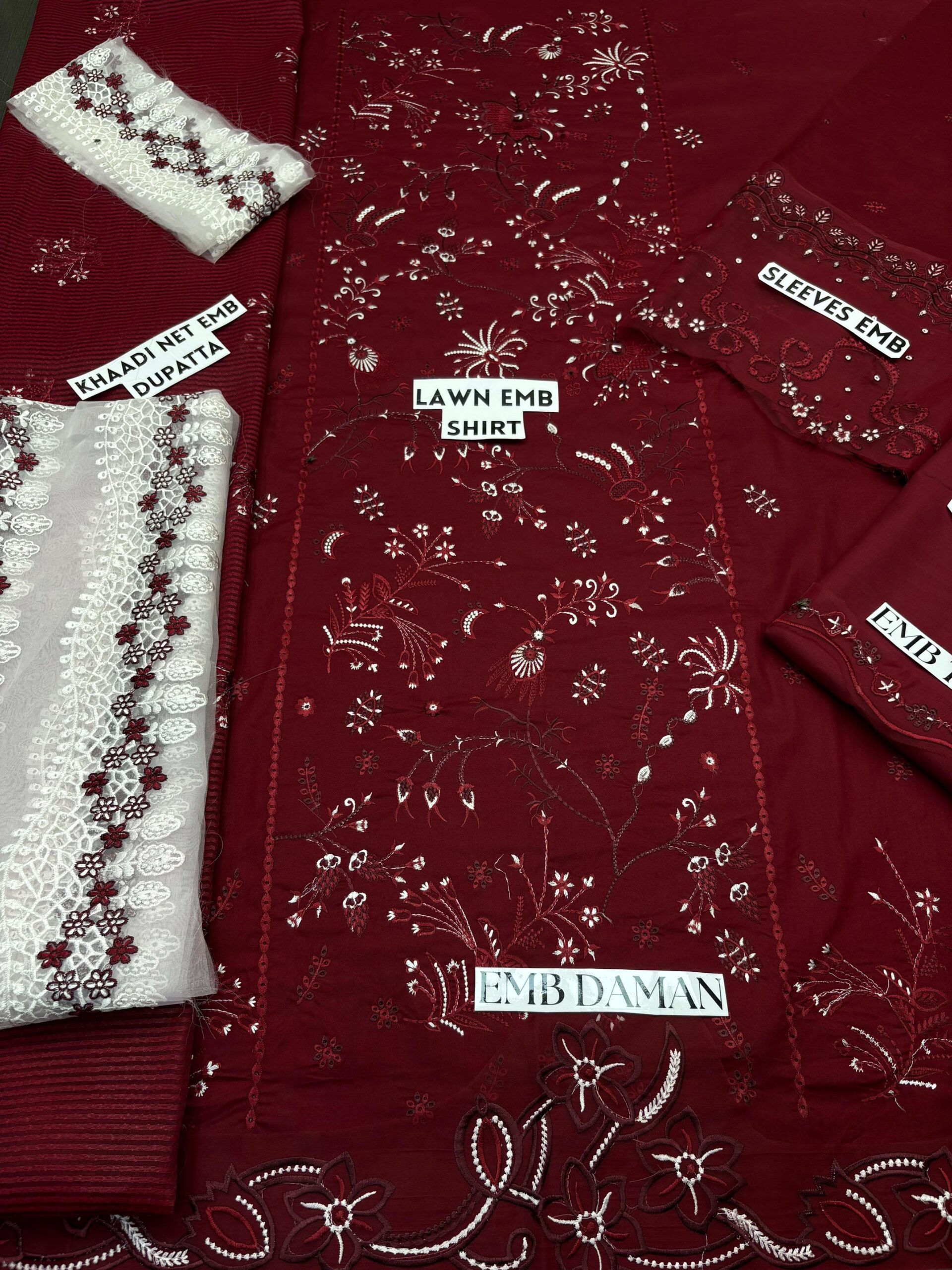 3PC LAWN EMBROIDERED SHIRT WITH KHAADI NET EMBROIDERED DUPATTA AND EMB TROUSER-BIC-4695 - Image 2
