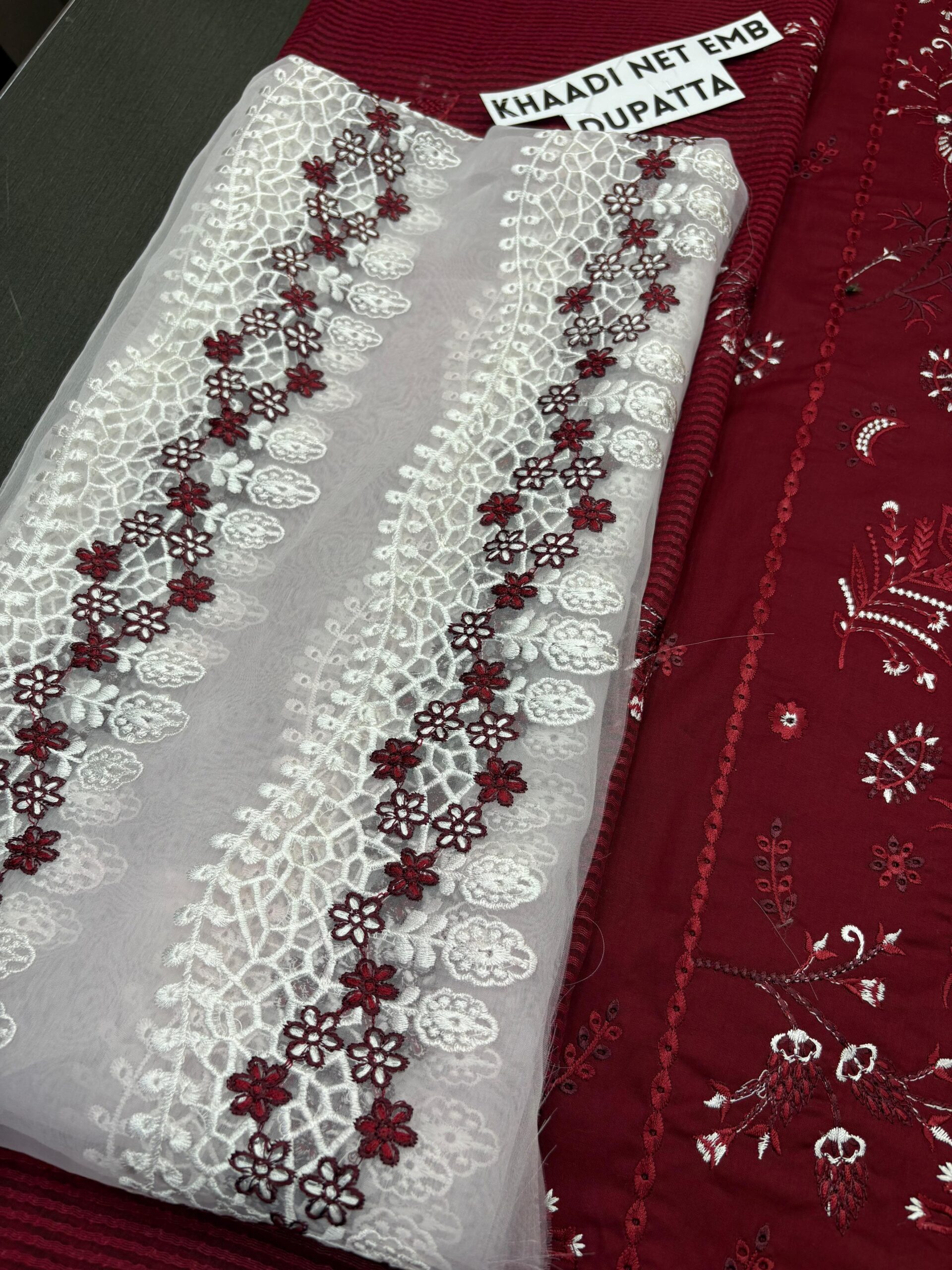 3PC LAWN EMBROIDERED SHIRT WITH KHAADI NET EMBROIDERED DUPATTA AND EMB TROUSER-BIC-4695 - Image 4