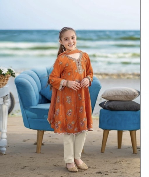 Sunset Bloom Kids Lawn 3 Piece Suit – Orange & Ivory